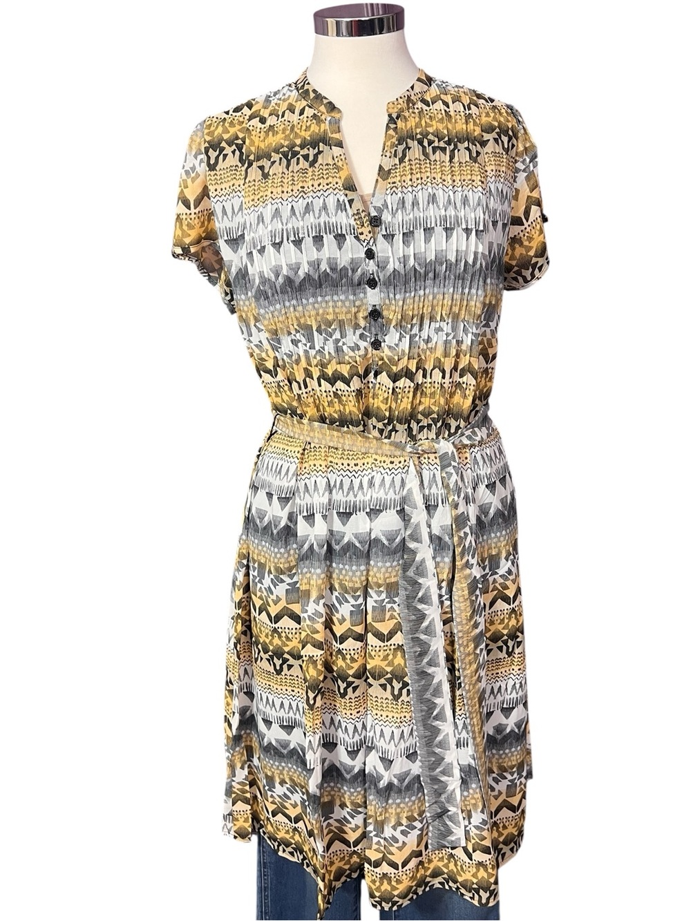 Robert Lous Black Gray Yellow Print Button down Tie Short Sleeve Dress